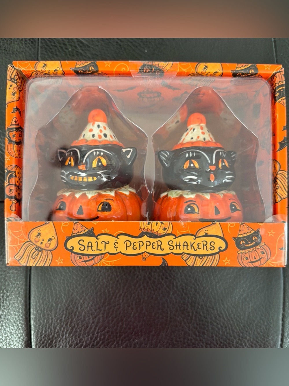 Johanna Parker Cat Pumpkin Ceramic Salt Pepper Shakers New Vintage Halloween